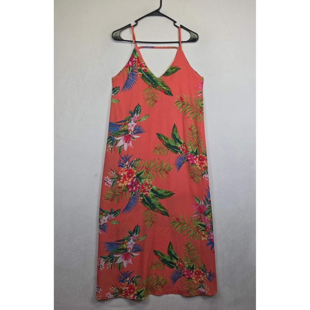 She + Sky Maxi Dress Womens S Coral Tropical Floral Resort Vacation Boho Flowy - Picture 2 of 15